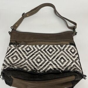 Myra Bag Genuine Leather Canvas Diamond Crossbody Shoulder Bag Boho Adjusted EUC